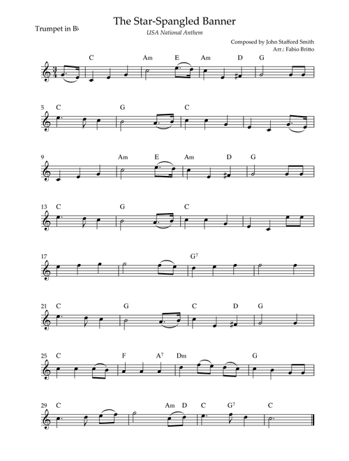 The Star Spangled Banner (USA National Anthem) for Trumpet in Bb Solo with Chords (Bb Major) (Arr. Fabio Britto) - John Stafford Smith (Trumpet Solo)