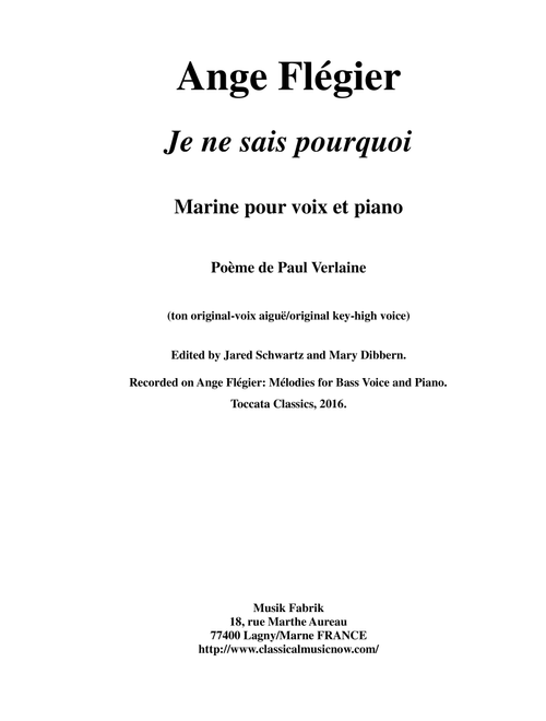 Ange FlÃ©gier: Je ne sais pourquoi for high voice and piano (Vocal Solo)