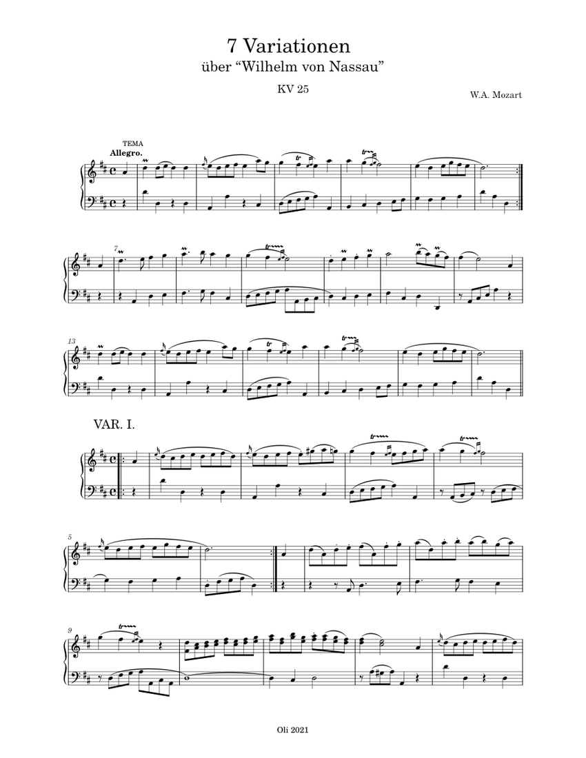 W.A. Mozart - 7 Variationen über “Wilhelm von Nassau” KV 25 Sheet
