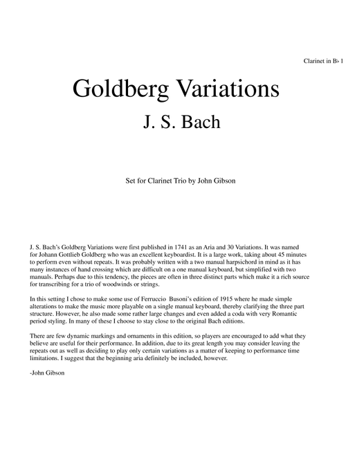 J. S. Bach Goldberg Variations set for Clarinet Trio - PARTS (Arr. John Gibson) - J S Bach (Woodwind Ensemble)