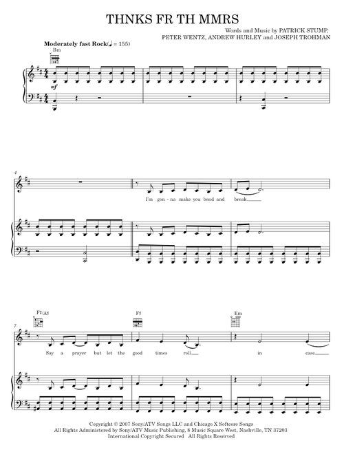 Thnks fr th mmrs - Fall Out Boy (Piano-Vocal-Guitar)