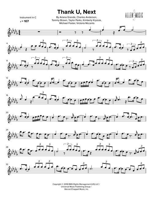 Thank U, Next (Arr. Nathan Allen) - Ariana Grande (Instrumental Duet and Piano)