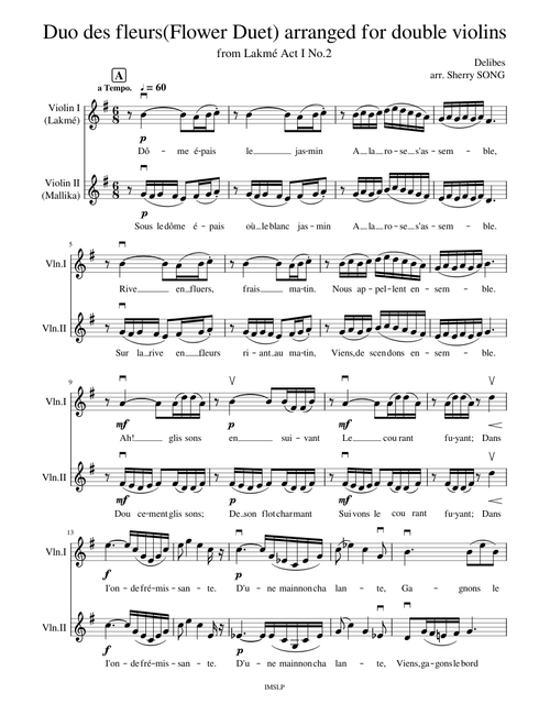 Duo des fleurs (Flower Duet) arranged for double violins