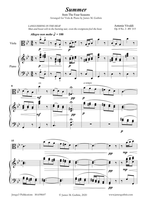 Vivaldi: Summer from the Four Seasons for Viola & Piano (Arr. James M. Guthrie, ASCAP) - Antonio Vivaldi (Viola and Piano)