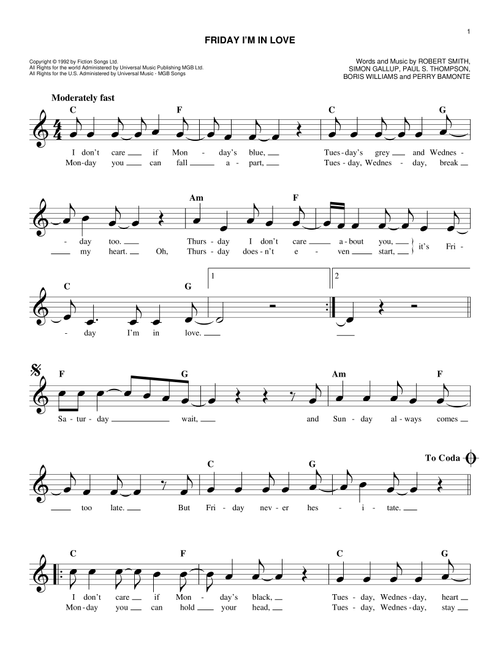 Friday I'm In Love - The Cure (Easy Lead Sheet - Fake Book)