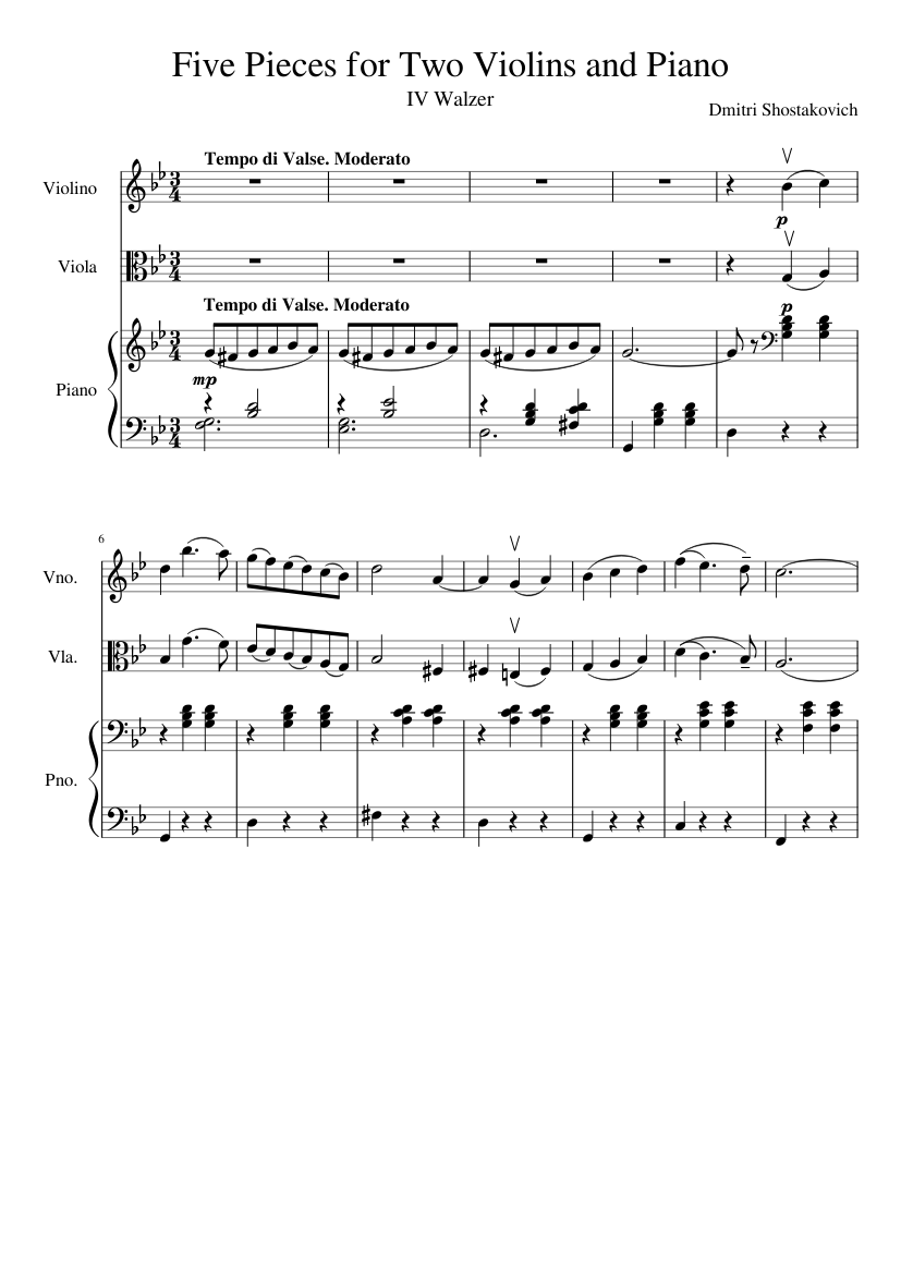 bøf Nøgle Jeg var overrasket Five Pieces for Two Violins and Piano - IV Walzer Sheet music for Piano,  Violin, Viola (Mixed Trio) | Musescore.com