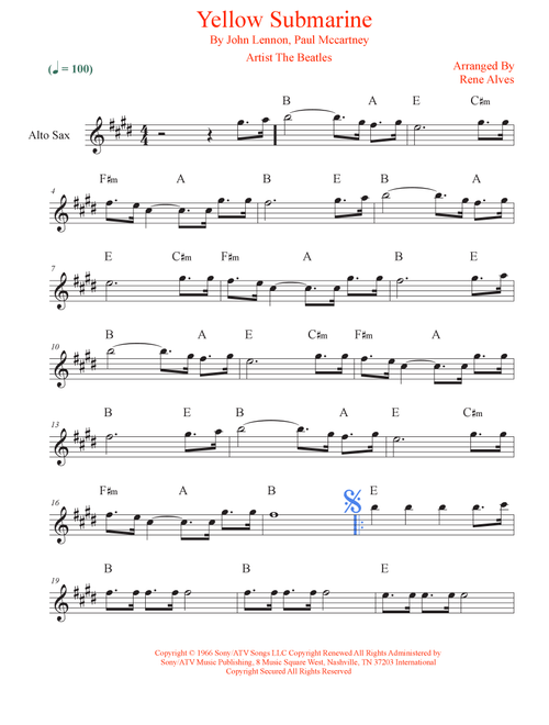 Yellow Submarine (Arr. Rene Alves) - The Beatles (Alto Sax Solo)