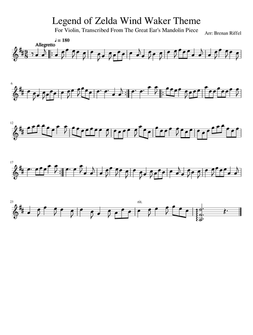 Legend of Zelda Wind Waker Theme Violin Transcription