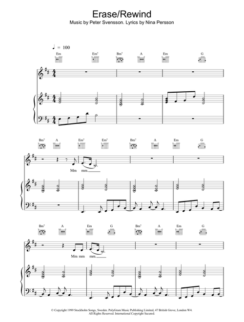Erase / Rewind - The Cardigans (Piano-Vocal-Guitar (Piano Accompaniment))