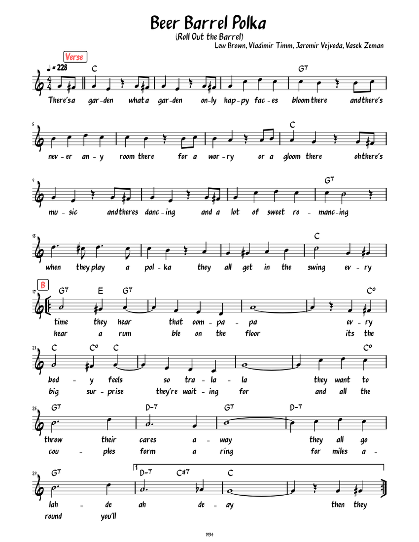 Beer Barrel Polka (Lead Sheet with verse and lyrics ) Sheet music for
