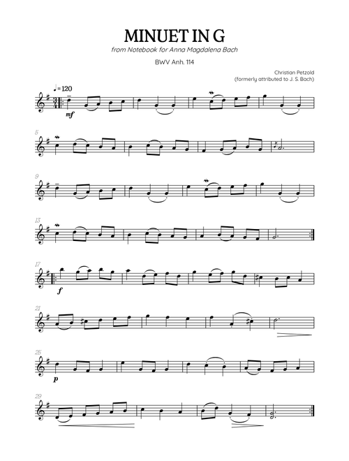Petzold (Bach) Minuet in G BWV Anh 114 | violin sheet music (Arr. Benzaiten Editions) - Christian Petzold, Johann Sebastian Bach (Violin Solo)