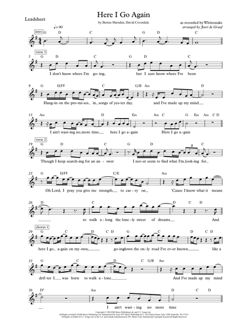 Here I Go Again (Arr. Joeri de Graaf) - Whitesnake (Lead Sheet - Fake Book)