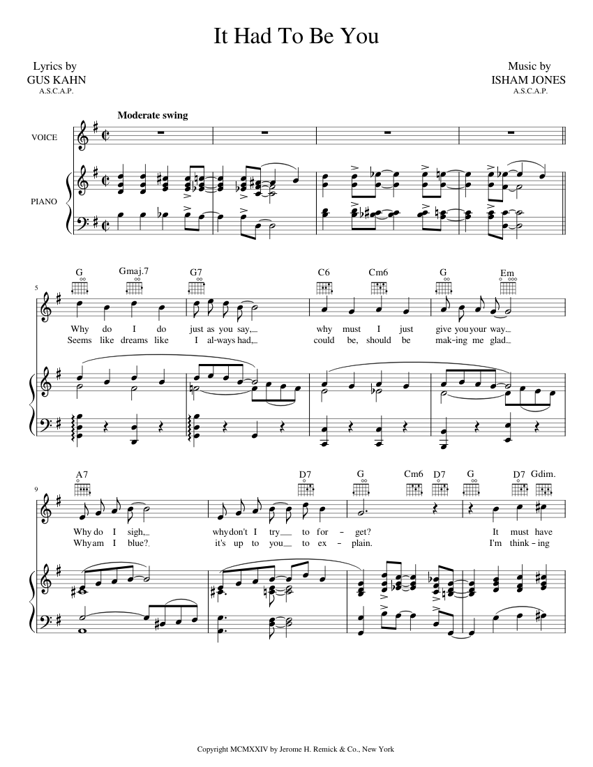 It Had To Be You - Gus Kahn and Isham Jones Sheet Music with Chords for ...