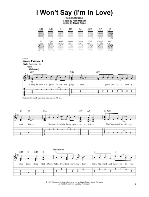 I Won't Say (I'm In Love) (from Hercules) - Alan Menken, David Zippel (Easy Guitar with TAB)