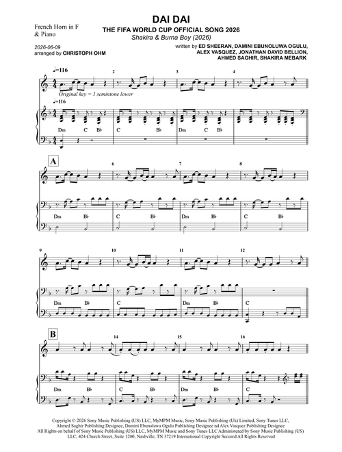 Dai Dai (Arr. Christoph Ohm) - Shakira & Burna Boy (French Horn and Piano)