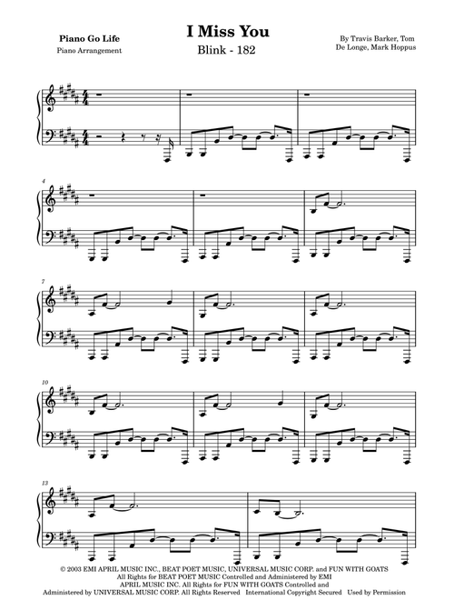 I Miss You (Arr. Piano Go Life) - Blink-182 (Piano Solo)