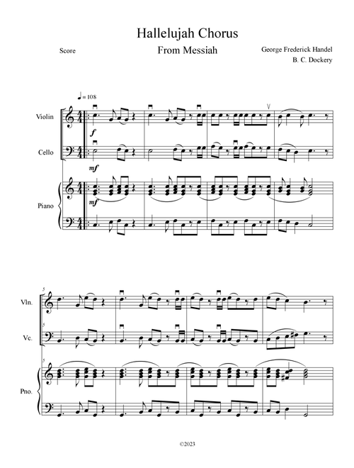 Hallelujah Chorus from Messiah (Violin Cello Duet with Piano Accompaniment) (Arr. B. C. Dockery) - George Frederick Handel (Instrumental Duet and Piano)