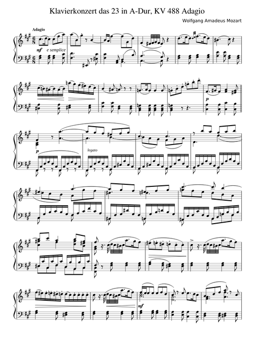Mozart Piano Concerto No. 23 II. Adagio KV 488 - pour piano solo