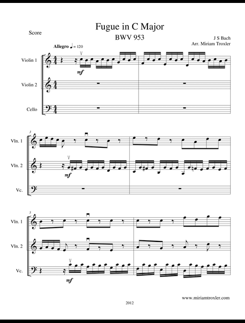 Fugue in C Major (Arr. Miriam Troxler) - J S Bach (String Ensemble)