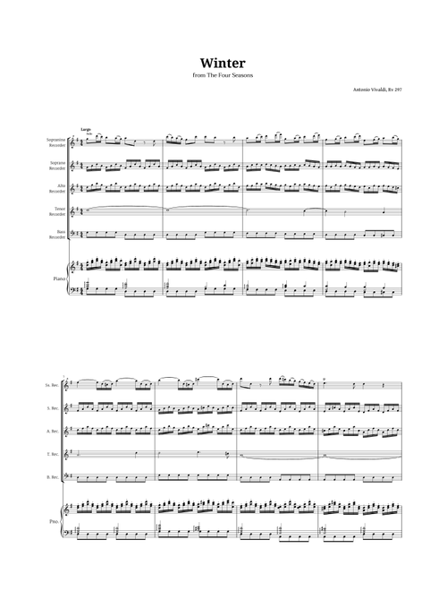 Largo from Winter by Vivaldi for Recorder Quintet and Piano (Arr. Langanho) - Antonio Vivaldi (Recorder Ensemble)