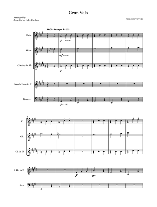 Gran Vals (arr. for woodwind quintet) (Arr. Juan Carlos Felix Cordova) - Francisco Tárrega (Woodwind Ensemble)