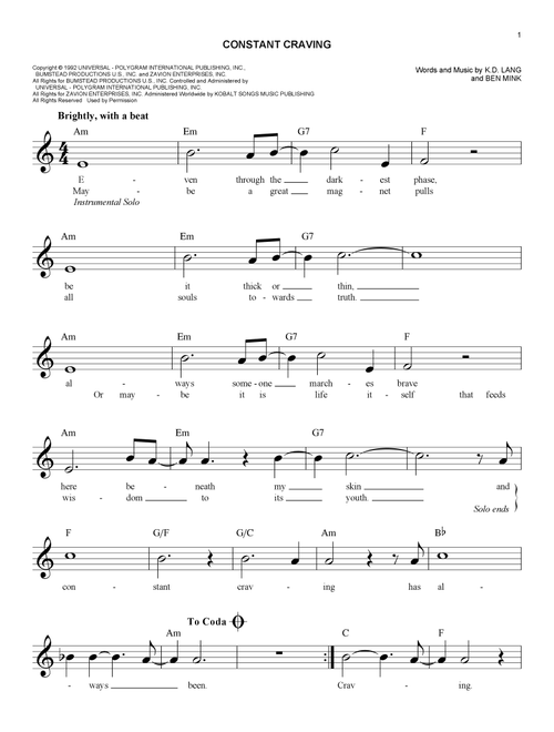 Constant Craving - kd lang (Easy Lead Sheet - Fake Book)