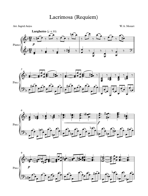 Lacrimosa (Requiem) (Arr. Ingrid Anjos) (Piano Solo)