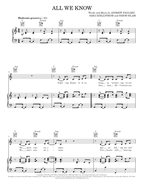 All We Know - The Chainsmokers (Piano-Vocal-Guitar)