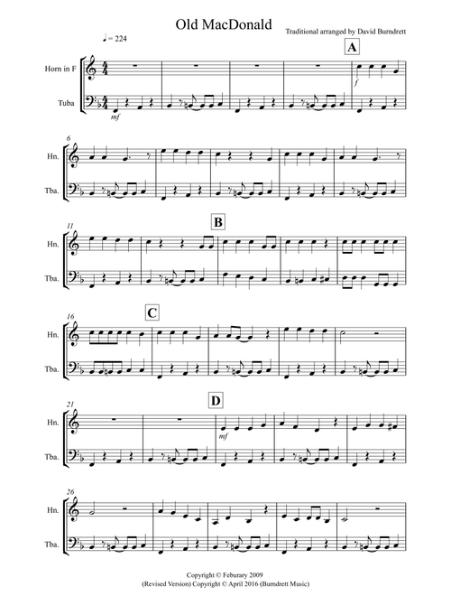 Old MacDonald! for French Horn and Tuba Duet (Arr. David Burndrett) - Traditional (Instrumental Duet)