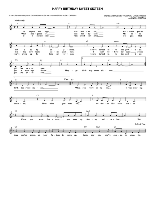 Happy Birthday Sweet Sixteen - Neil Sedaka (Lead Sheet - Fake Book)