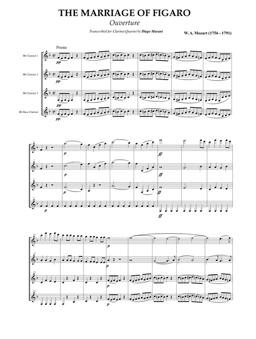 Overture from the opera "The Marriage of Figaro" for Clarinet Quartet (Arr. Diego Marani) - Mozart (Woodwind Ensemble)