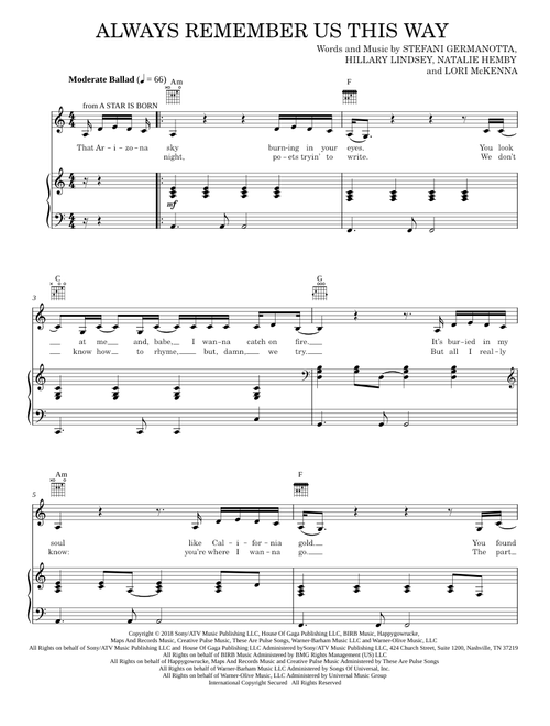 Always Remember Us This Way (from A Star Is Born) - Lady Gaga (Piano Vocal)