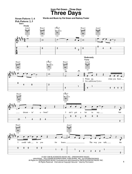 Three Days - Pat Green (Easy Guitar with TAB)
