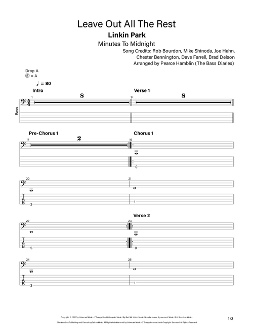 Leave Out All The Rest (Arr. The Bass Diaries) - Linkin Park (Bass Tab)