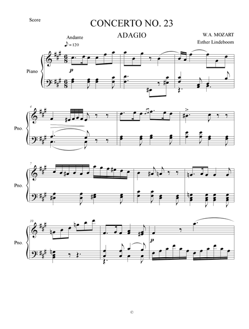 Arrangement for piano solo of the second movement of Mozart's piano concerto KV 488 (Arr. Esther Lindeboom) - W. A. Mozart (Piano Solo)