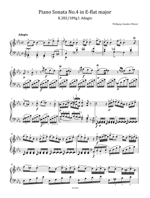 Mozart - Piano Sonata No.4 In E Flat Major K.282 - I. Adagio - Original With Fingered (Arr. poon) - Wolfgang Amadeus Mozart (Piano Solo)