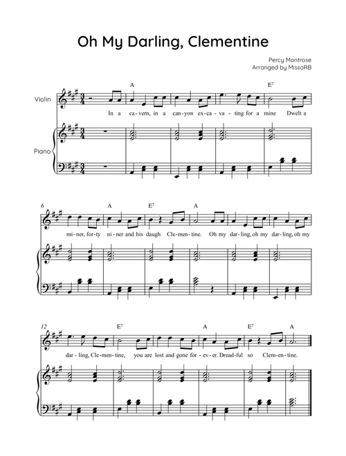 Oh My Darling, Clementine - Violin & Piano in A With Chords & Lyric - Easy (Arr. MissoRB) - Percy Montrose (Violin and Piano)