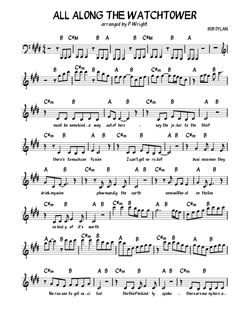 ALL_ALONG_THE_WATCHTOWER Sheet Music with Chords for Piano
