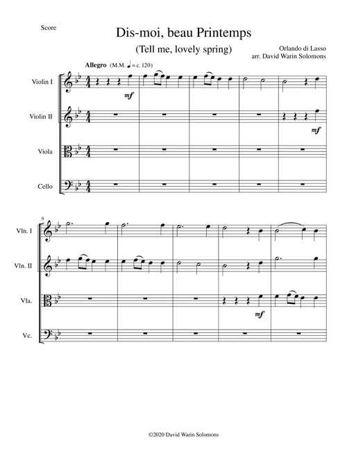 Dis-moi, beau printemps (Tell me, lovely Spring) for string quartet (Arr. David Warin Solomons) - Orlando di Lasso (String Quartet)