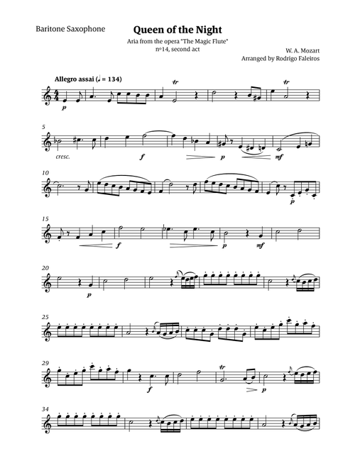 Queen of the Night - for solo baritone saxophone (Arr. Rodrigo Faleiros) - Mozart, W A Mozart (Baritone Sax Solo)