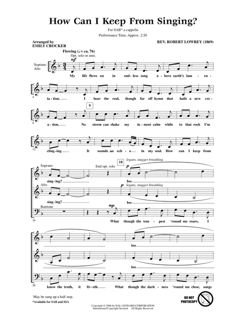 How Can I Keep From Singing (Arr. Emily Crocker) - Robert Lowrey, Rev Robert Lowrey (Choral, SAB)