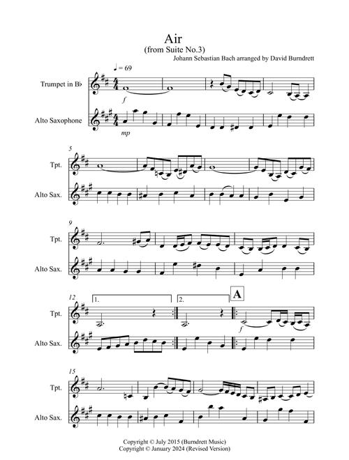 Air on a G String for Trumpet and Alto Saxophone Duet (Arr. David Burndrett) - Johann Sebastian Bach (Instrumental Duet)