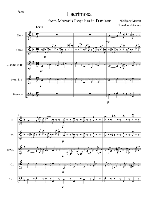 Lacrimosa from Mozart's Requiem - Woodwind Quintet (Arr. Brandon Hokeness) - W.A. Mozart (Woodwind Ensemble)
