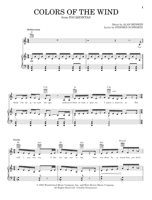 Colors Of The Wind (from Pocahontas) - Vanessa Williams (Piano-Vocal-Guitar)