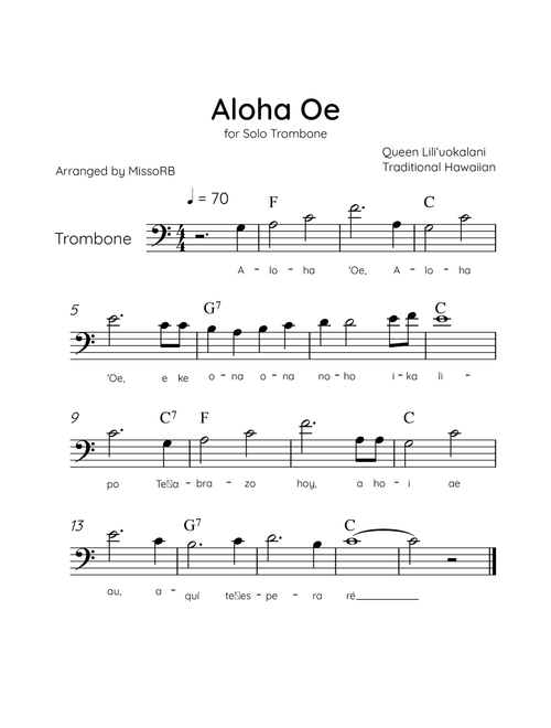 Aloha Oe - Solo Trombone in C Major Easy With Lyrics & Chords (Arr. MissoRB) - Queen Liliʻuokalani (Trombone Solo)