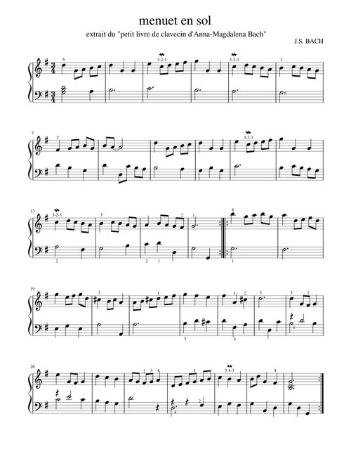 menuet en sol de J.S. Bach, piano facile