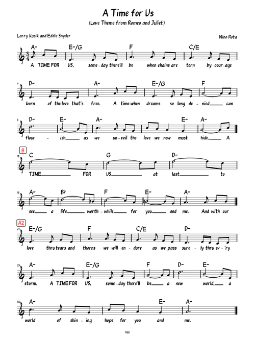 A Time for Us (Love Theme from Romeo and Juliet) (Lead sheet with lyrics )