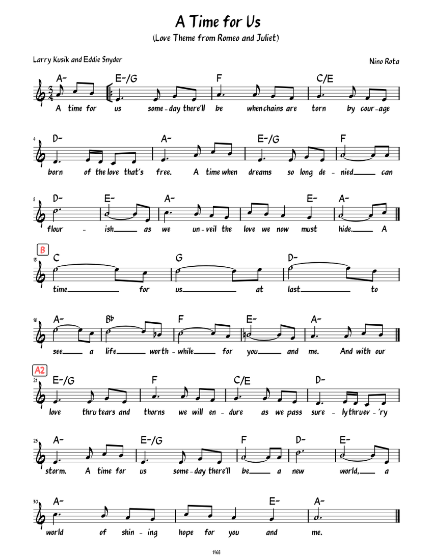 A Time For Us Love Theme From Romeo And Juliet Lead Sheet With   Score 0 @850x1100