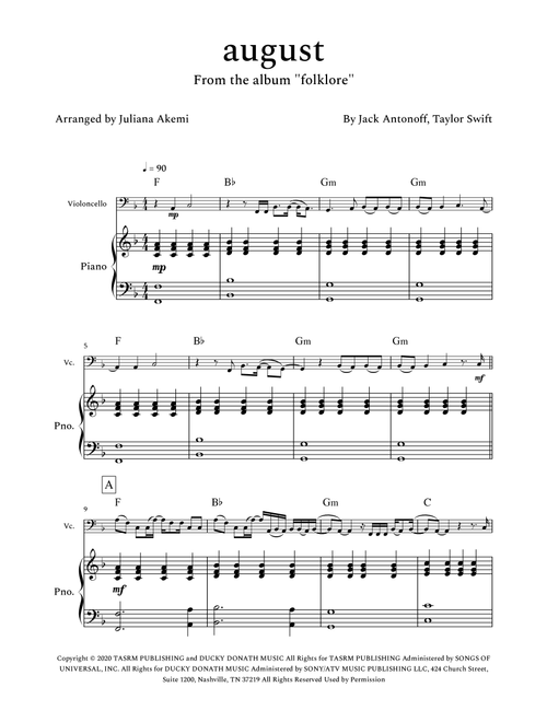August (Arr. Juliana Akemi) - Taylor Swift (Cello and Piano)