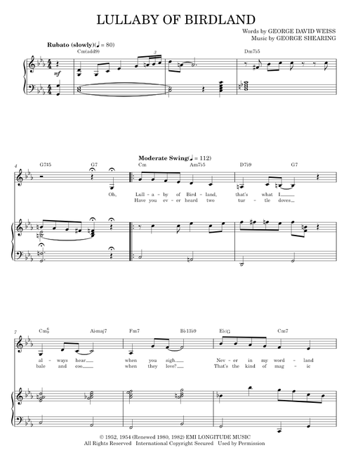 Lullaby Of Birdland - Count Basie, Duke Ellington, Ella Fitzgerald, George Shearing, Lionel Hampton, (Piano Vocal)